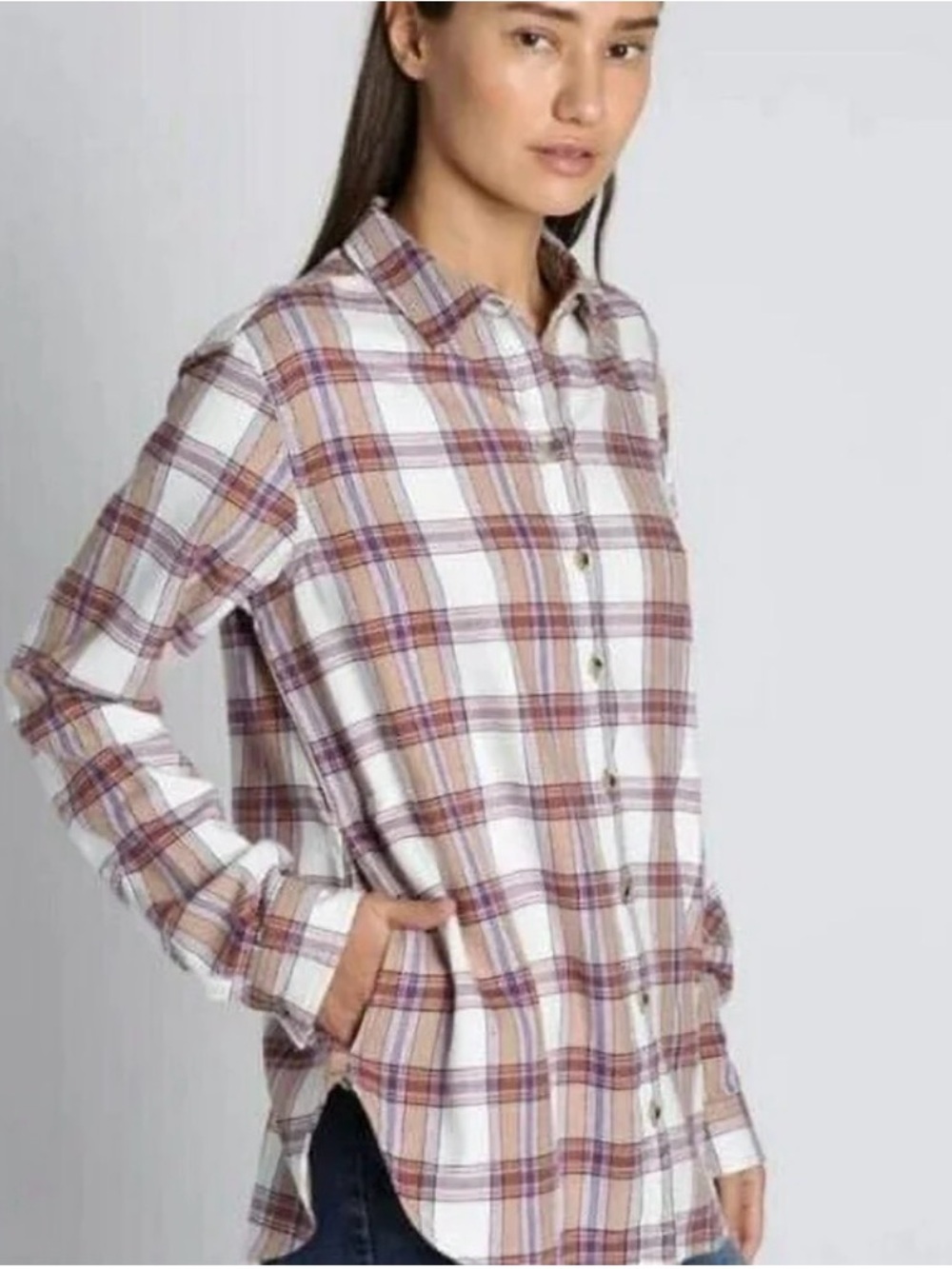 Jachs Girlfriend White Plaid Shirt with Pockets & Tan and Purple Accents Size Sm